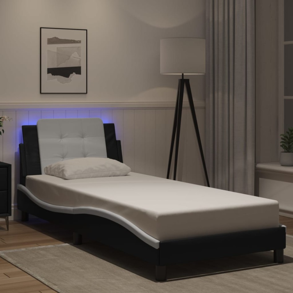 Estructura cama con LED cuero sintético negro blanco 100x200