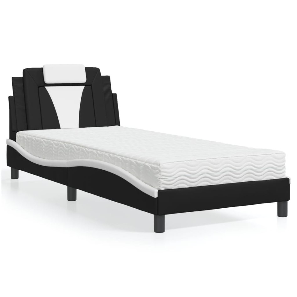 Cama con colchón cuero sintético negro y blanco 80x200