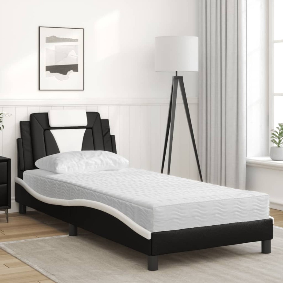 Cama con colchón cuero sintético negro y blanco 80x200