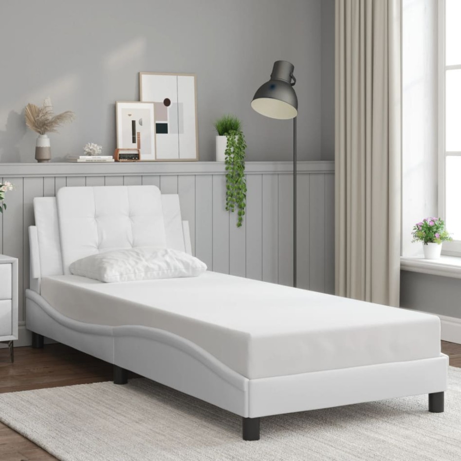 Estructura de cama sin colchón cuero sintético blanco