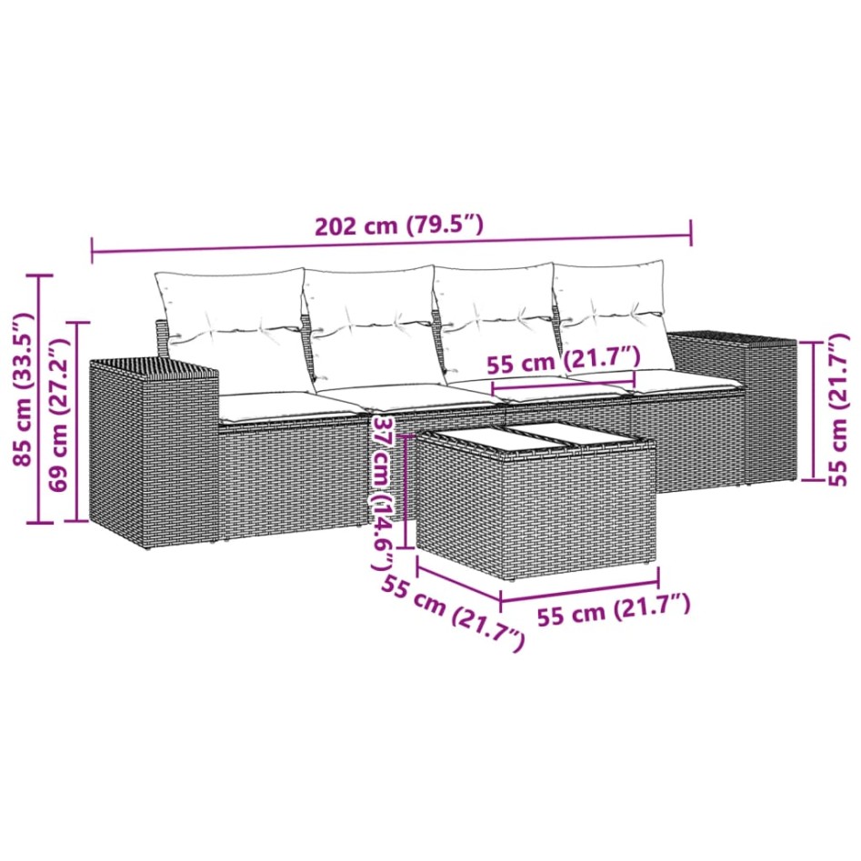 Set de sofás jardín y cojines 5 pzas ratán sintético gris