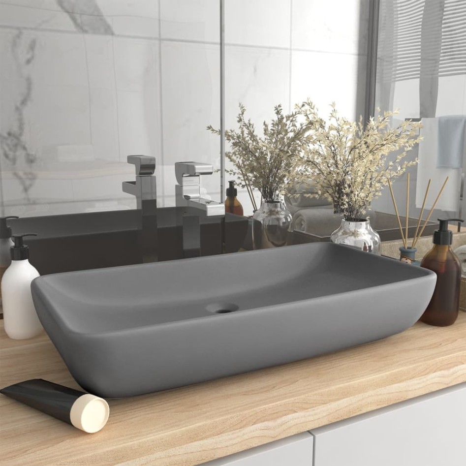 Lavabo de lujo de cerámica rectangular gris claro mate 71x38