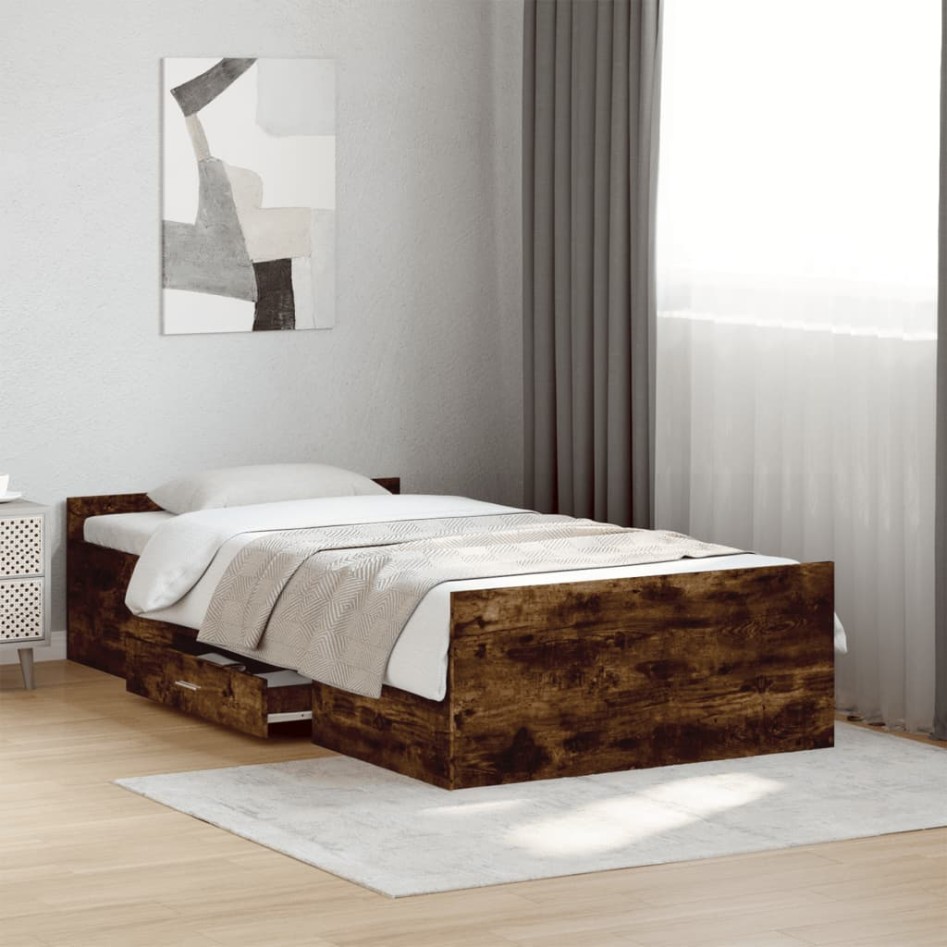 Cama con cajones madera de ingeniería roble ahumado 75x190