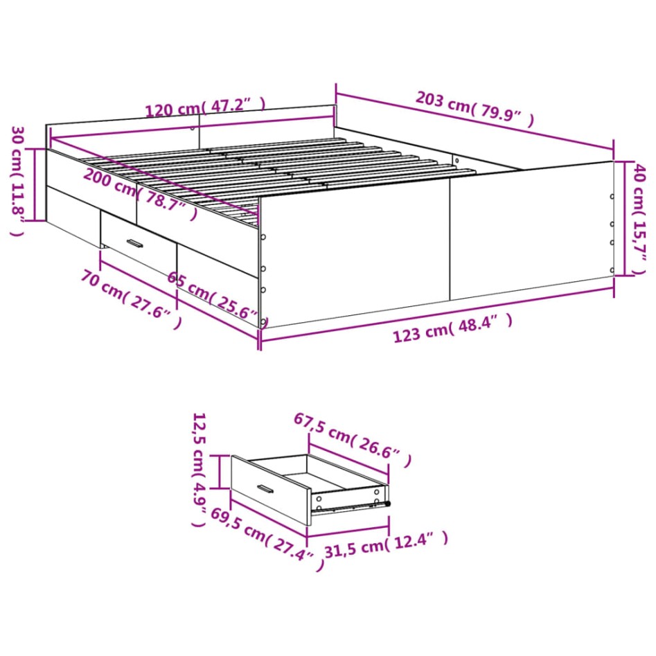 Cama con cajones madera ingeniería gris Sonoma 120x200