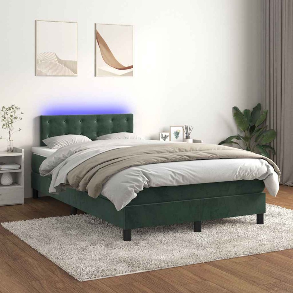 Cama box spring colchón y LED terciopelo verde oscuro