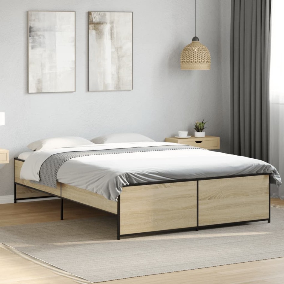 Estructura cama madera ingeniería metal roble Sonoma 135x190