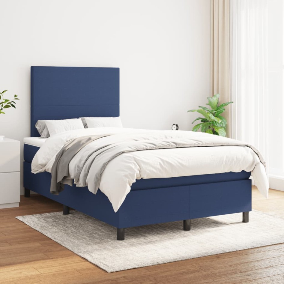 Cama box spring con colchón tela azul 120x190