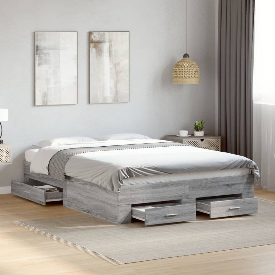 Cama con cajones madera ingeniería gris Sonoma 120x190