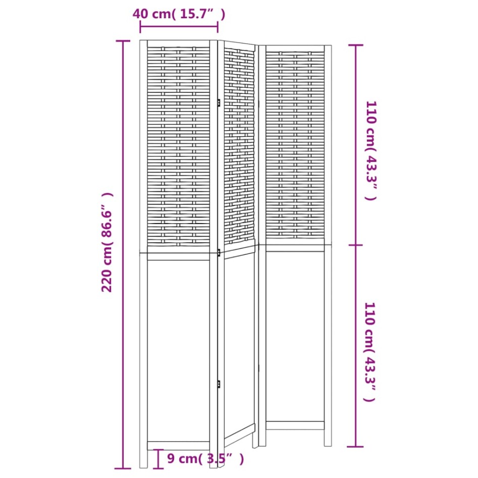 Biombo separador de 3 paneles madera maciza Paulownia
