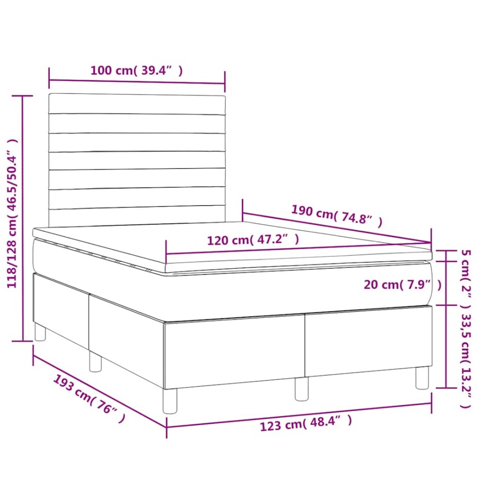 Cama box spring con colchón y luces LED tela azul 120x190
