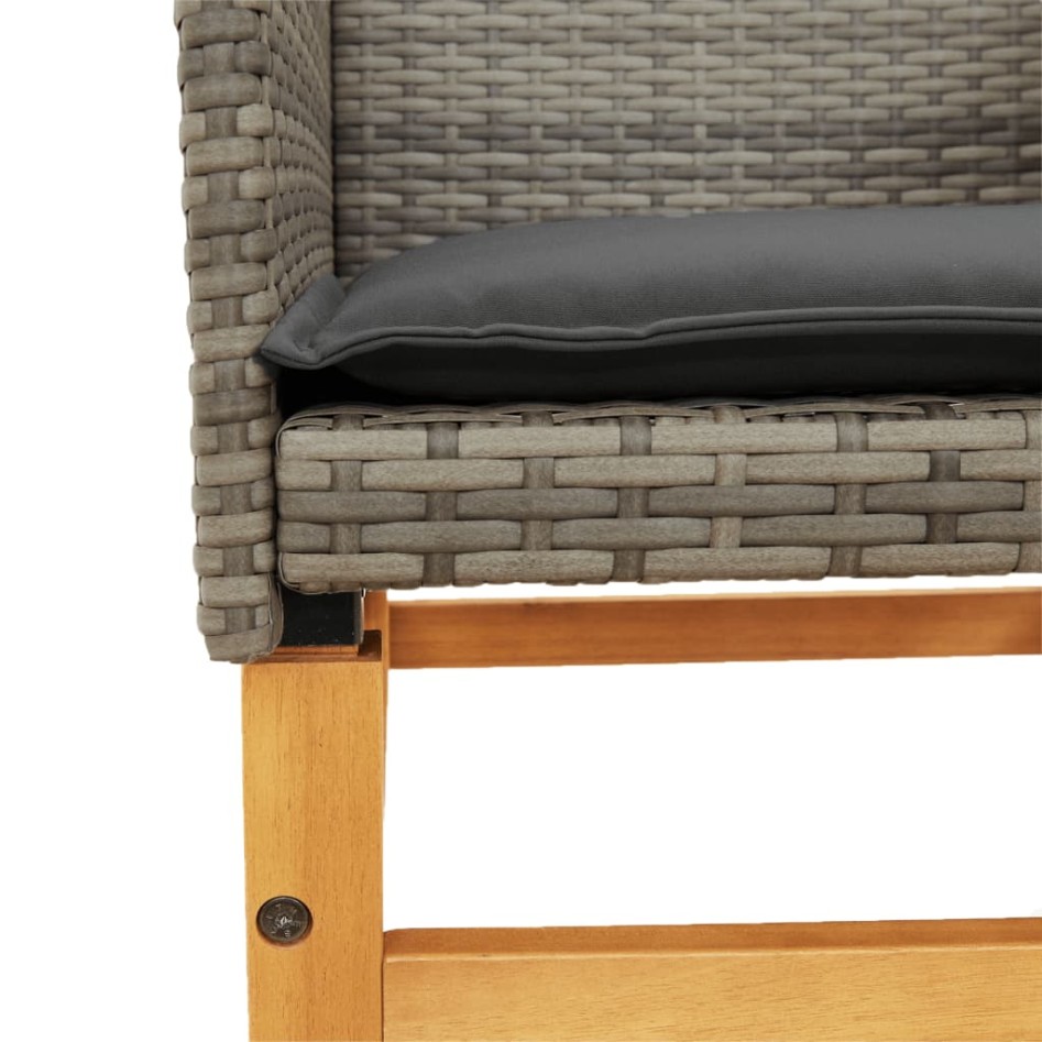 Sillas de jardín y cojines 2 uds ratán PE gris y madera