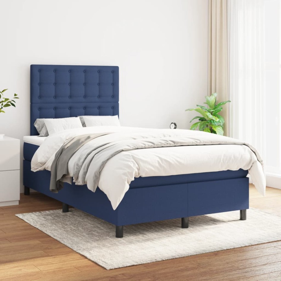 Cama box spring con colchón tela azul 120x190