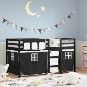 Cama alta niños con cortinas madera pino blanco negro 80x200