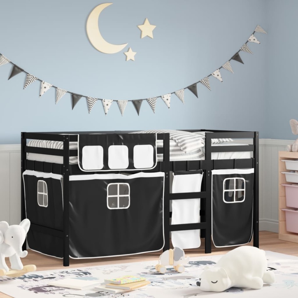 Cama alta niños con cortinas madera pino blanco negro 80x200