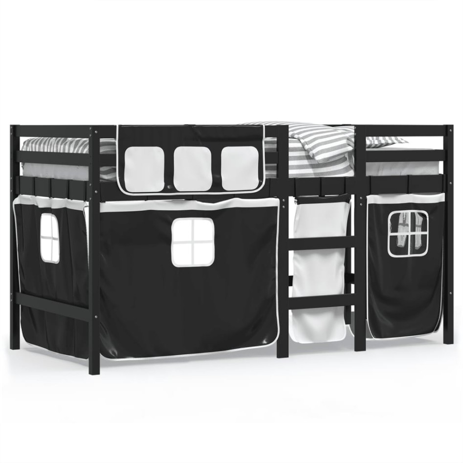Cama alta niños con cortinas madera pino blanco negro 80x200