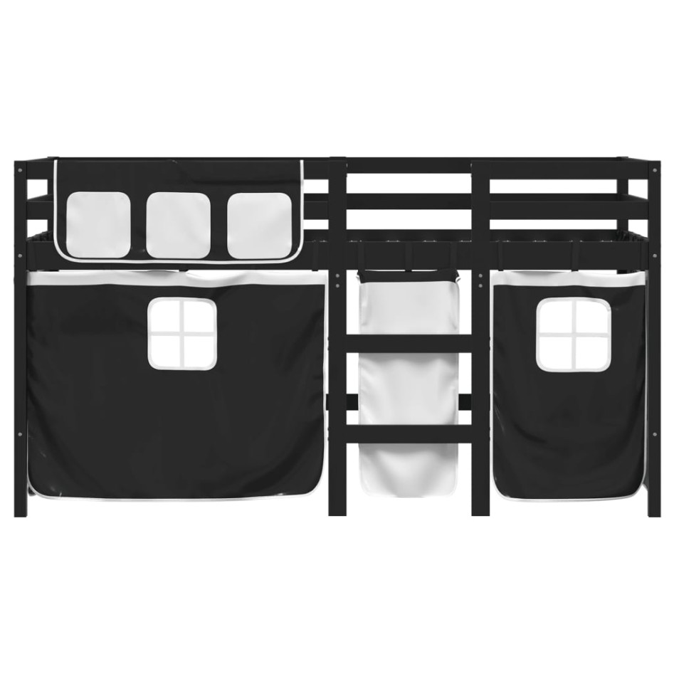 Cama alta niños con cortinas madera pino blanco negro 80x200