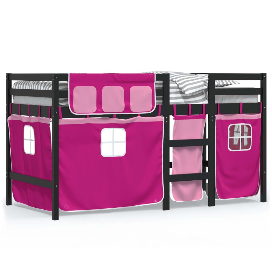 Cama alta para niños con cortinas madera pino rosa 80x200