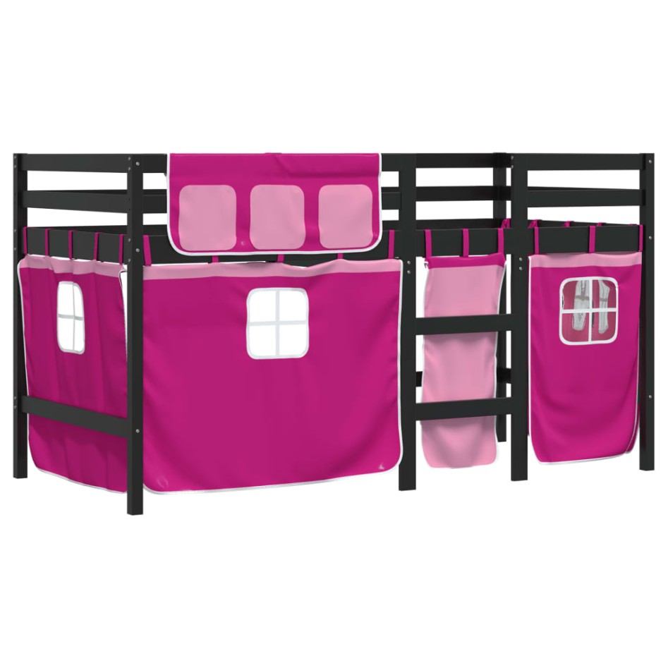Cama alta para niños con cortinas madera pino rosa 80x200