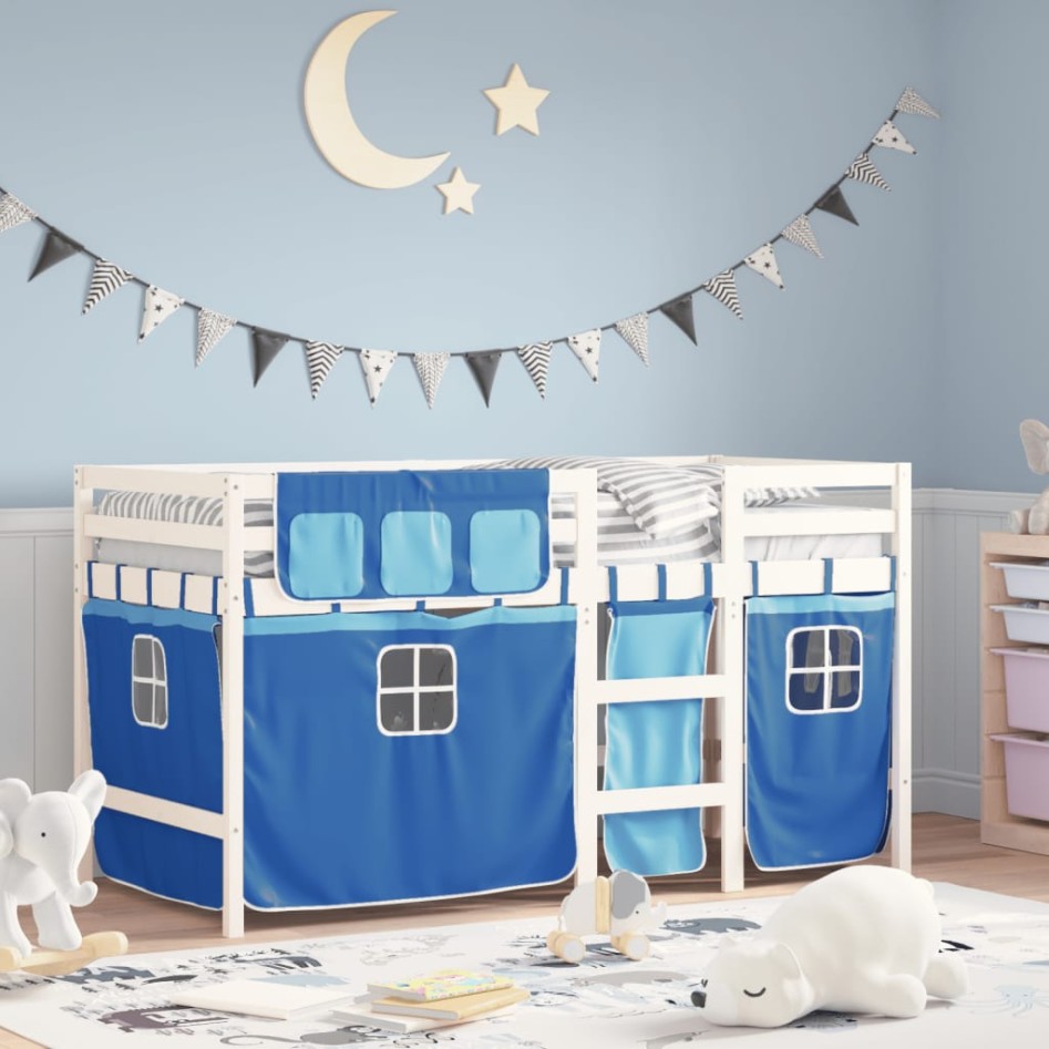 Cama alta para niños con cortinas madera pino azul 90x200