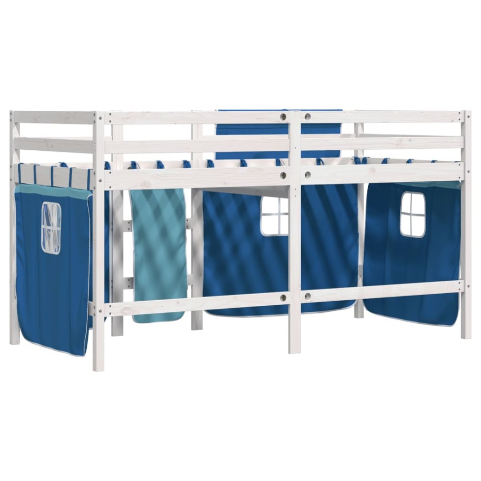Cama alta para niños con cortinas madera pino azul 90x200