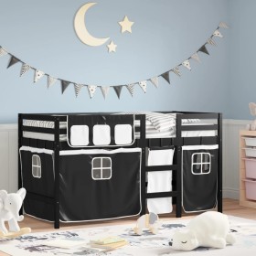 Cama alta niños con cortinas madera pino blanco negro 90x200