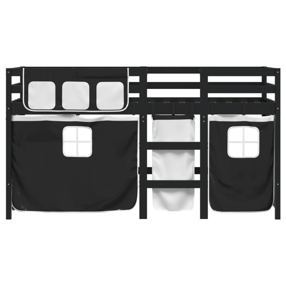 Cama alta niños con cortinas madera pino blanco negro 90x200