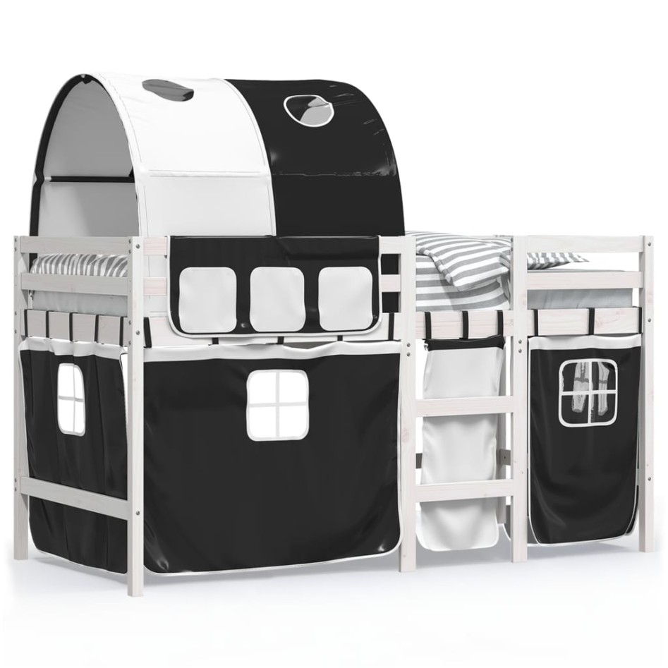 Cama alta niños con túnel madera pino blanco negro 90x190