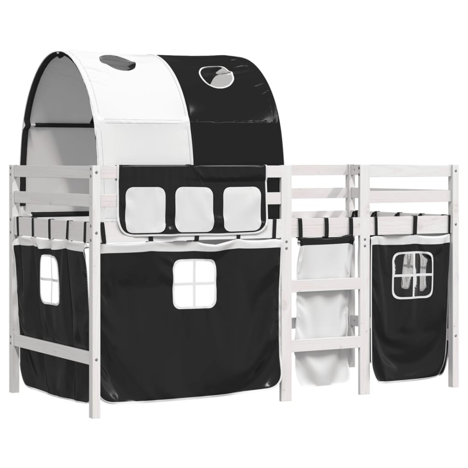 Cama alta niños con túnel madera pino blanco negro 90x190
