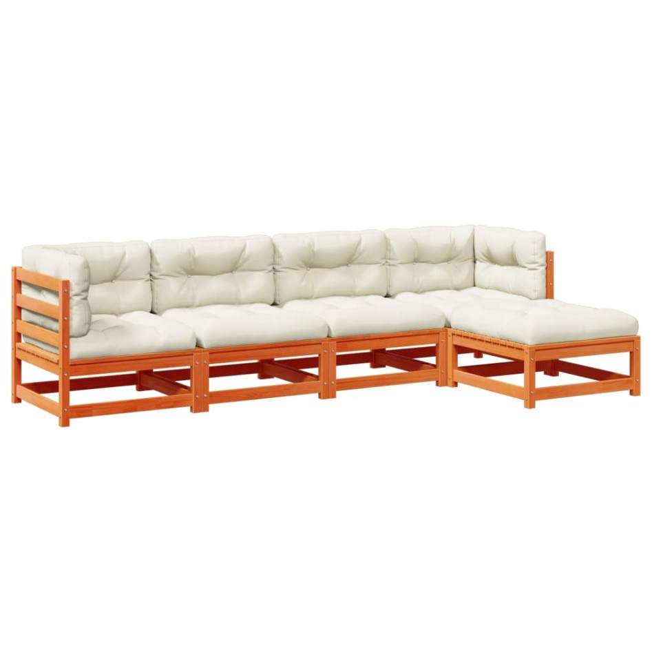 Set de sofás jardín 5 pzas con cojines madera pino marrón