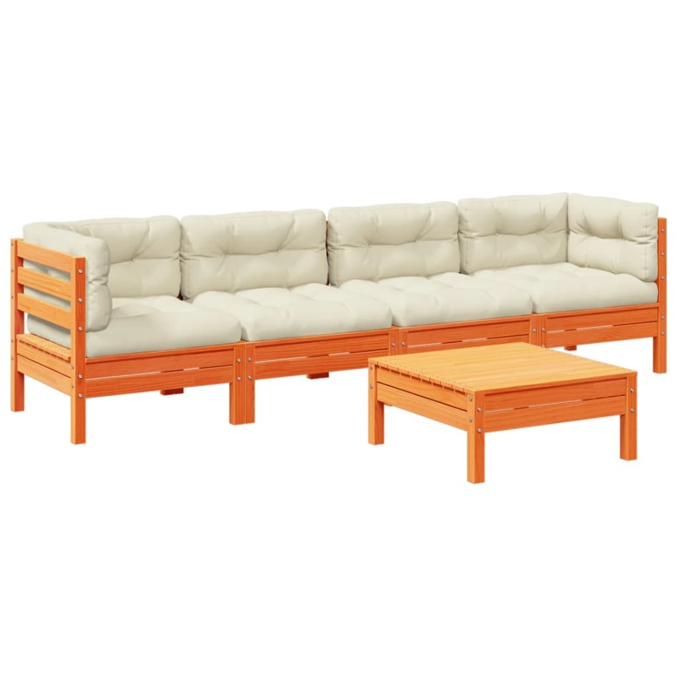 Set de sofás jardín 5 pzas con cojines madera pino marrón