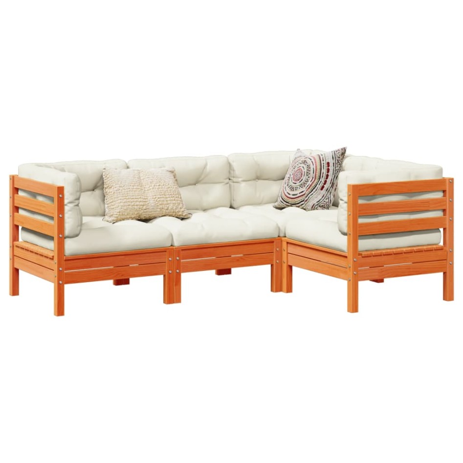 Set de sofás jardín 4 pzas con cojines madera pino marrón