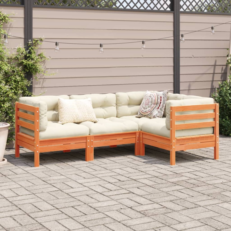 Set de sofás jardín 4 pzas con cojines madera pino marrón