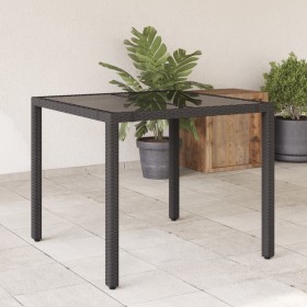 Mesa de jardín superficie de vidrio ratán PE negro 90x90x75
