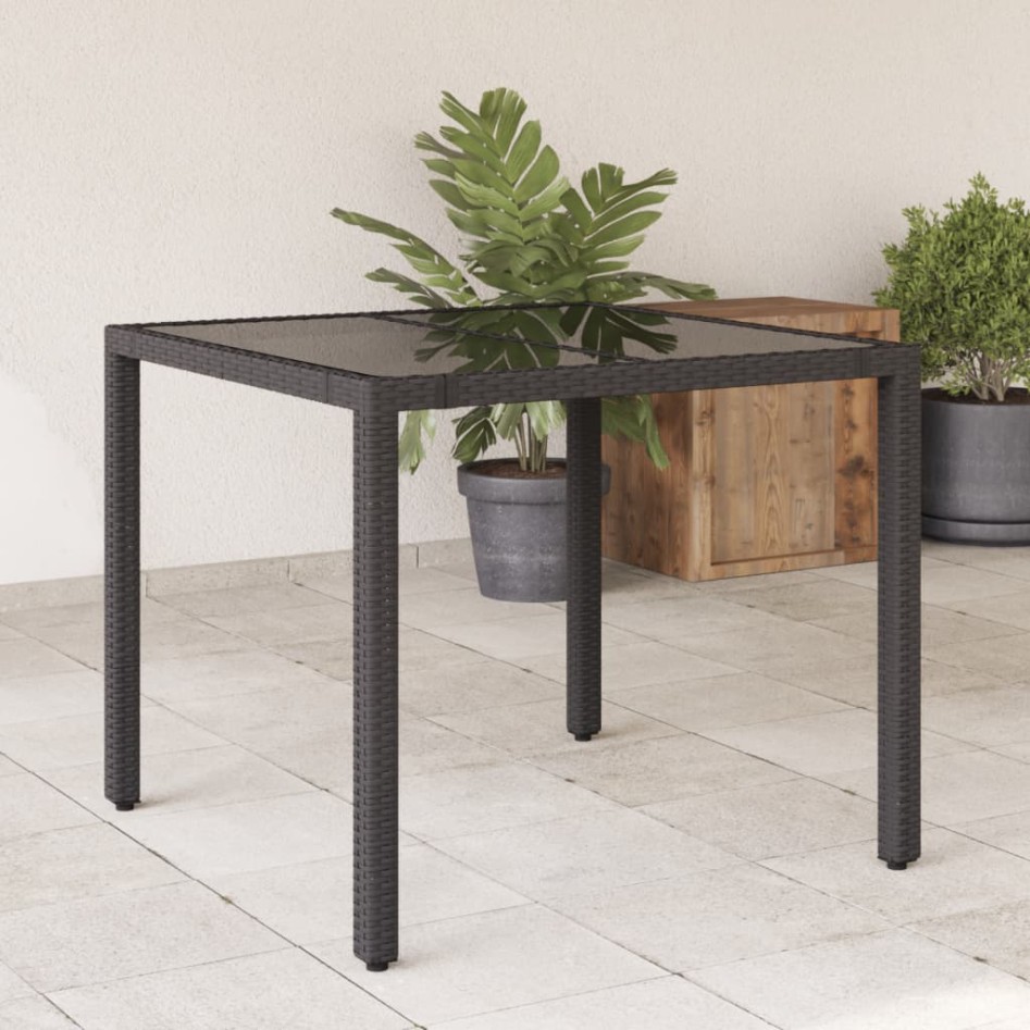 Mesa de jardín superficie de vidrio ratán PE negro 90x90x75