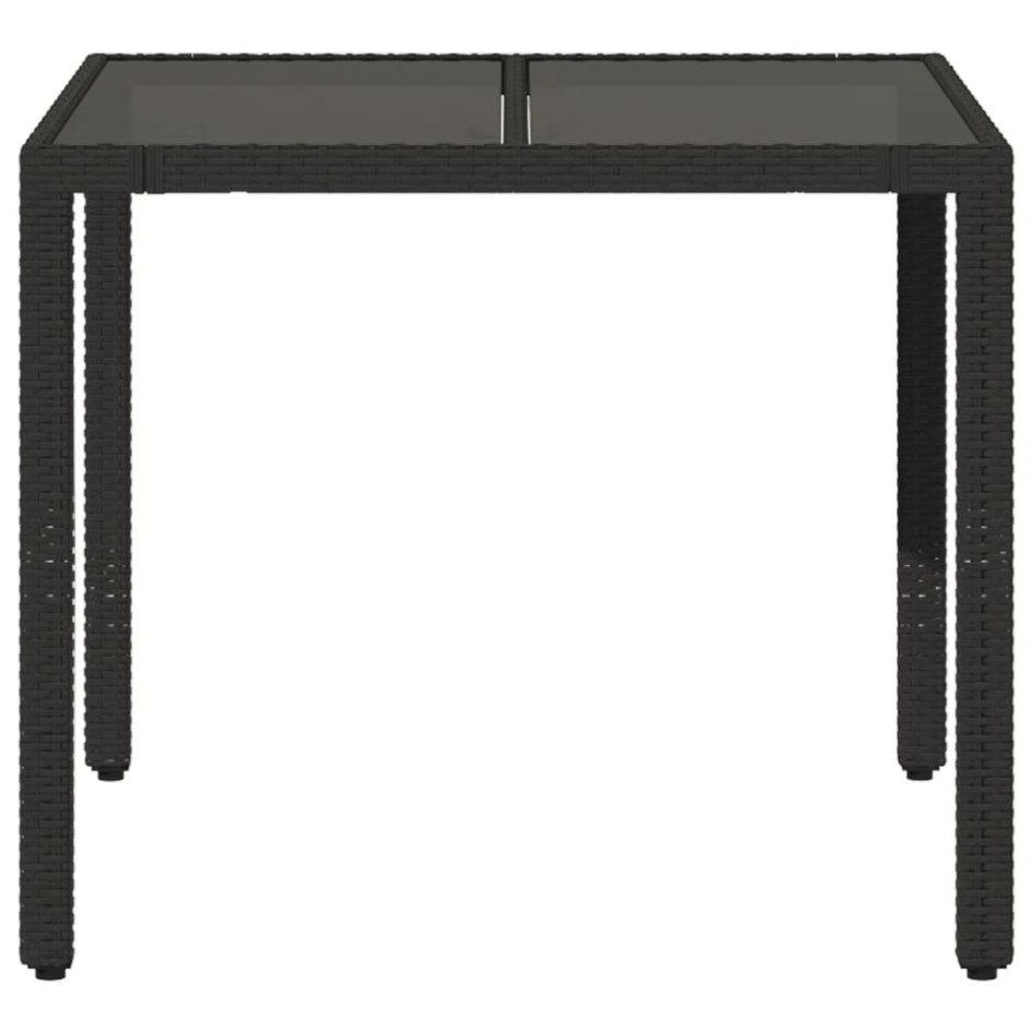 Mesa de jardín superficie de vidrio ratán PE negro 90x90x75