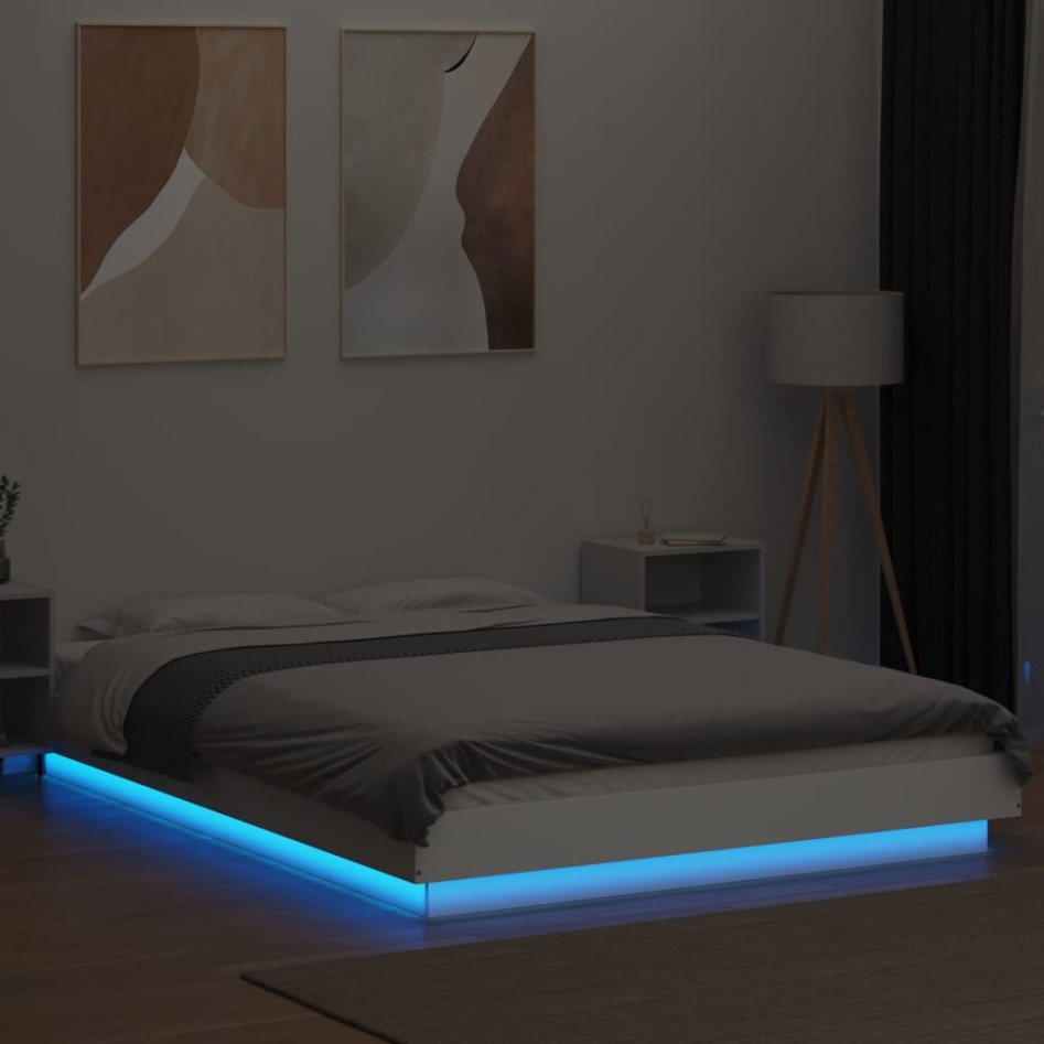 Estructura de cama con LED madera ingeniería blanco 140x200