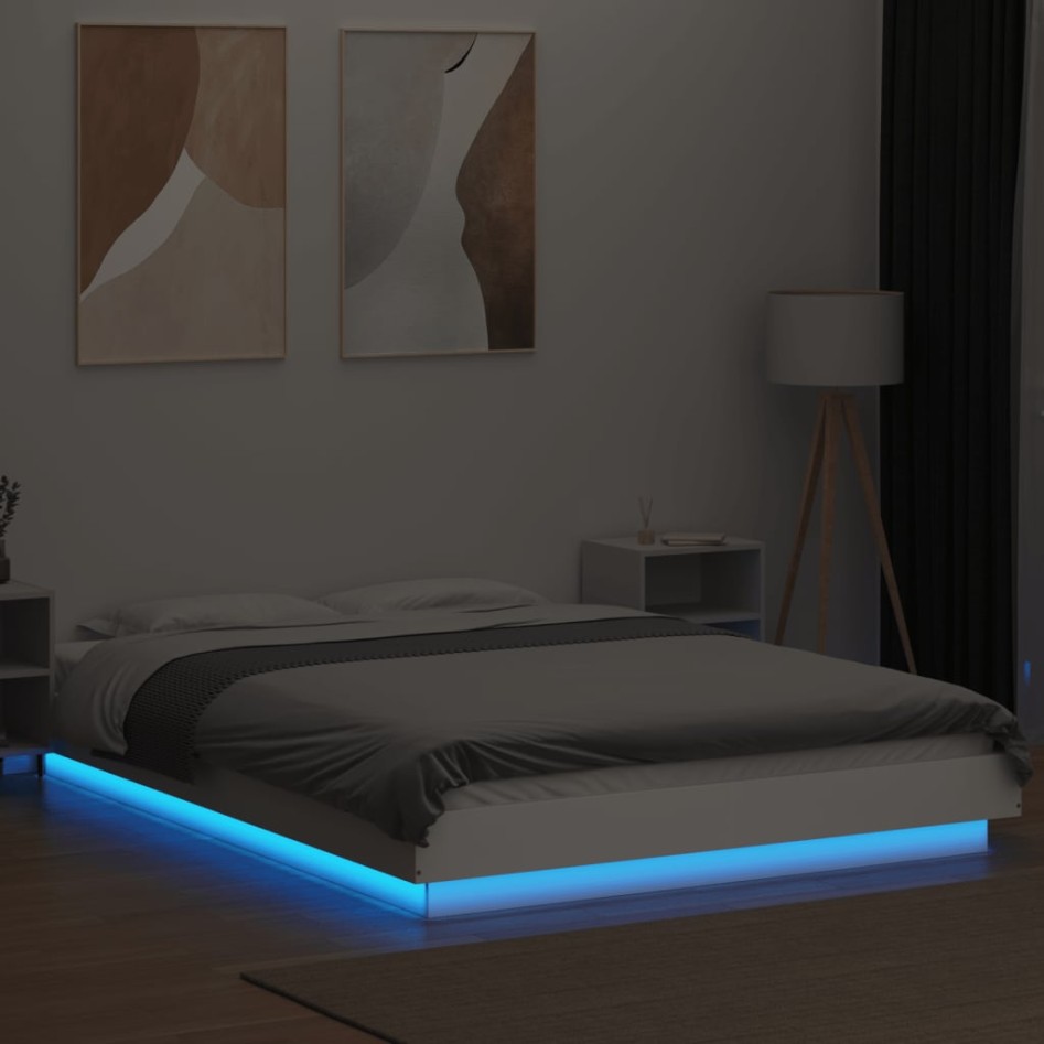 Estructura de cama con LED madera ingeniería blanco 120x190