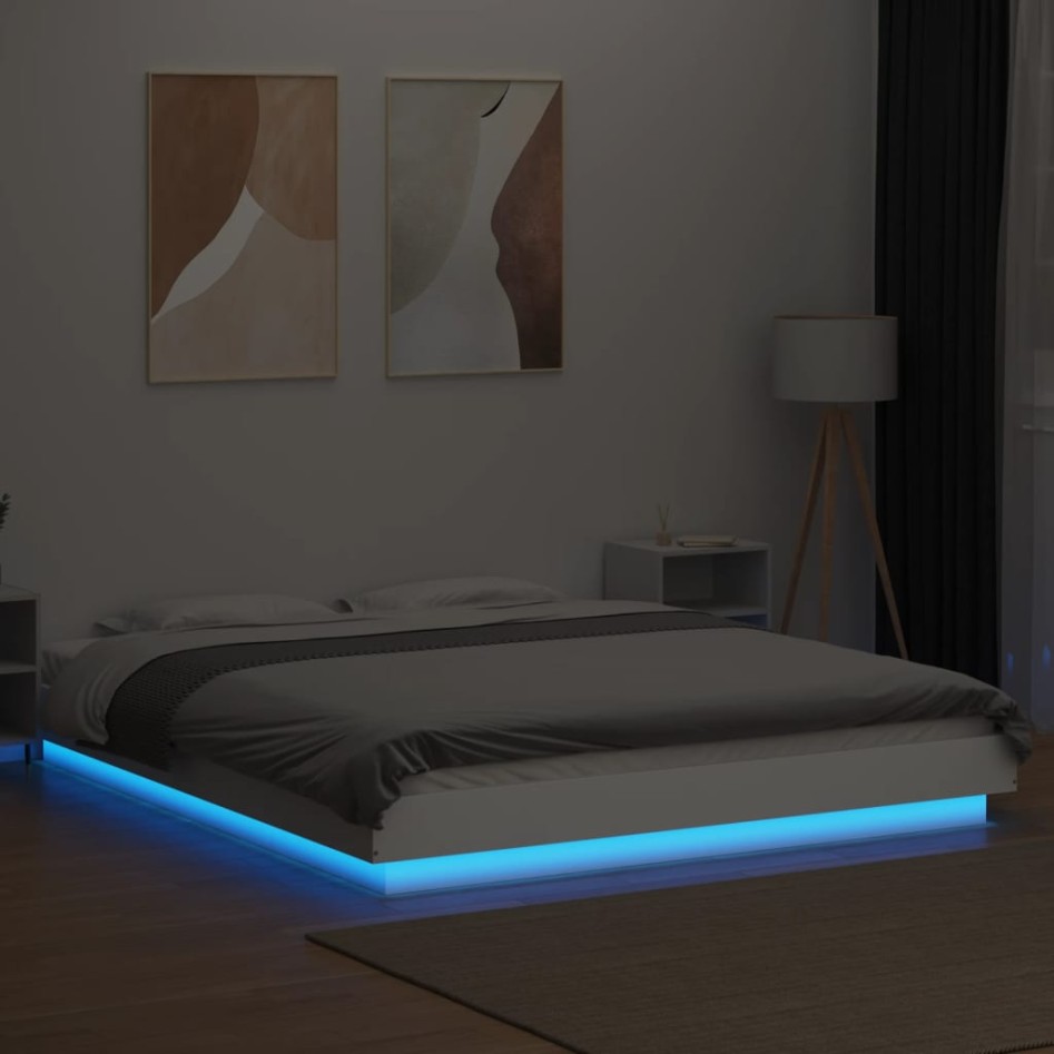 Estructura de cama con LED madera ingeniería blanco 150x200