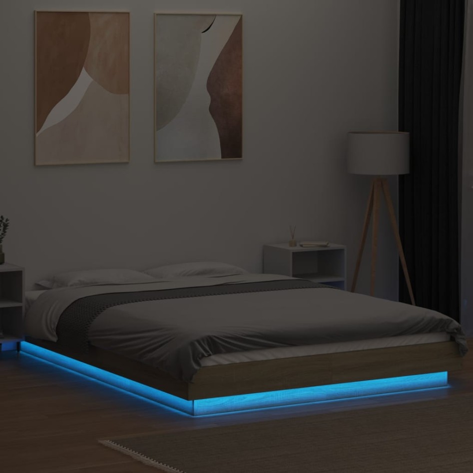 Estructura cama con luces LED madera roble Sonoma 135x190