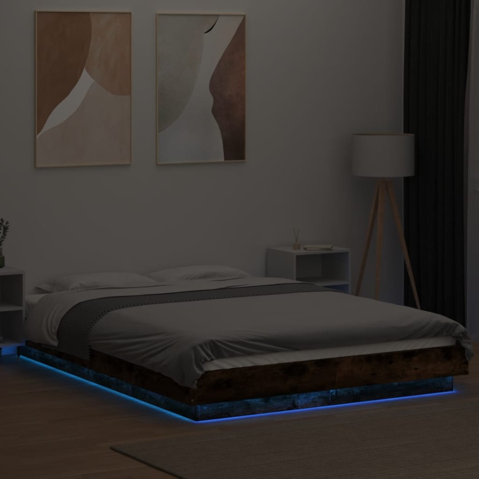 Estructura cama con luces LED madera roble ahumado 140x200