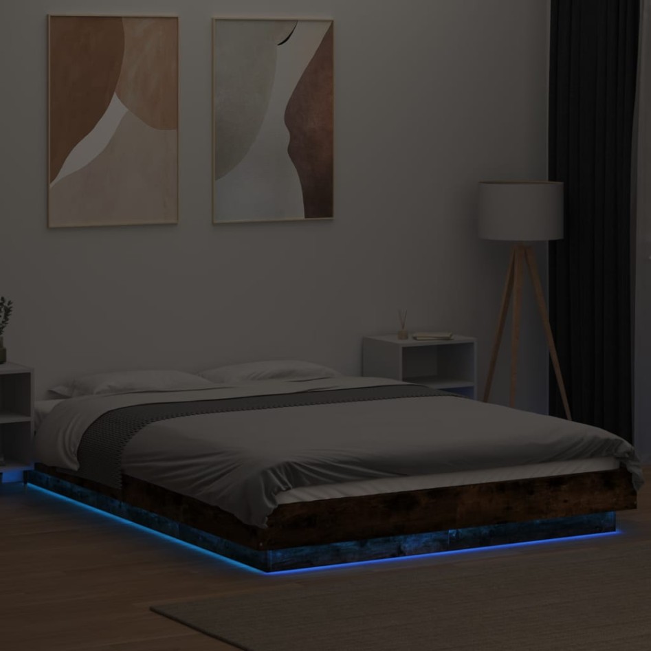 Estructura cama con luces LED madera roble ahumado 120x200