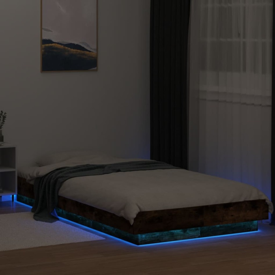 Estructura de cama con luces LED madera roble ahumado 90x200
