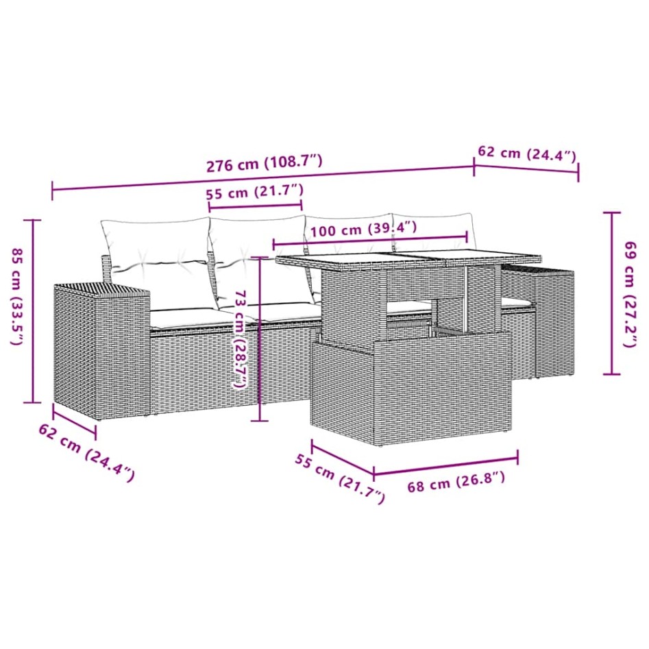 Set de muebles de jardín 5 pzas y cojines ratán sintético
