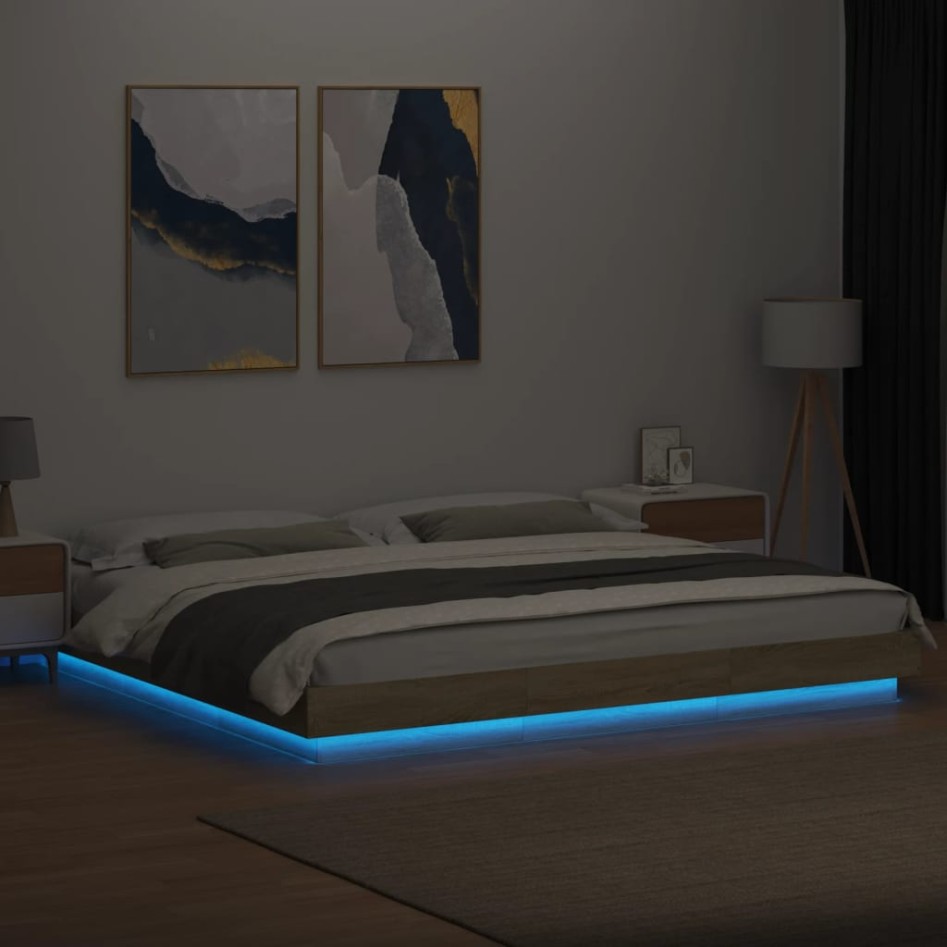Estructura de cama con luces LED madera roble Sonoma 200x200