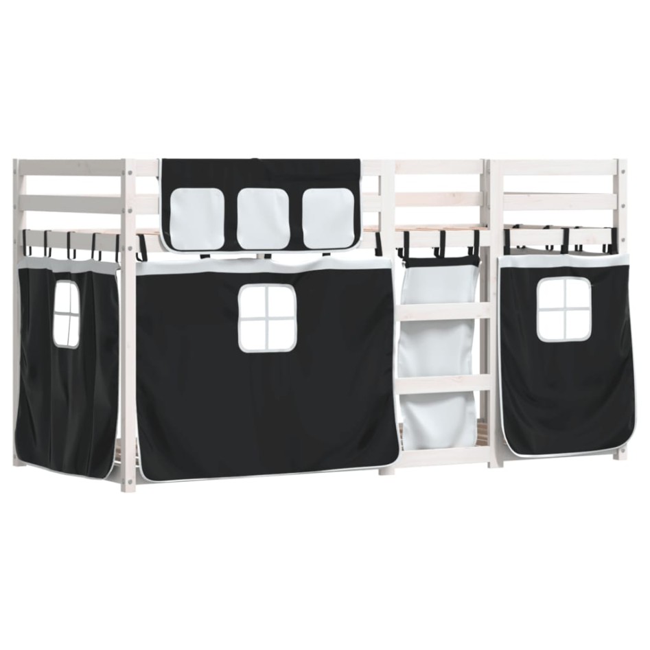 Litera con cortinas madera maciza pino blanco y negro 90x190