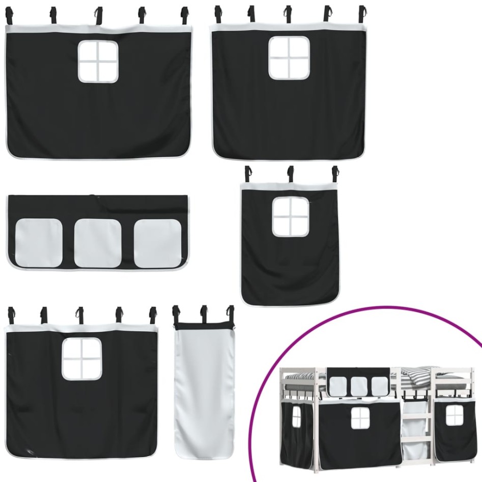 Litera con cortinas madera maciza pino blanco y negro 90x190