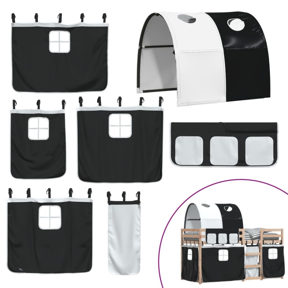 Litera con cortinas madera maciza pino blanco y negro 90x190