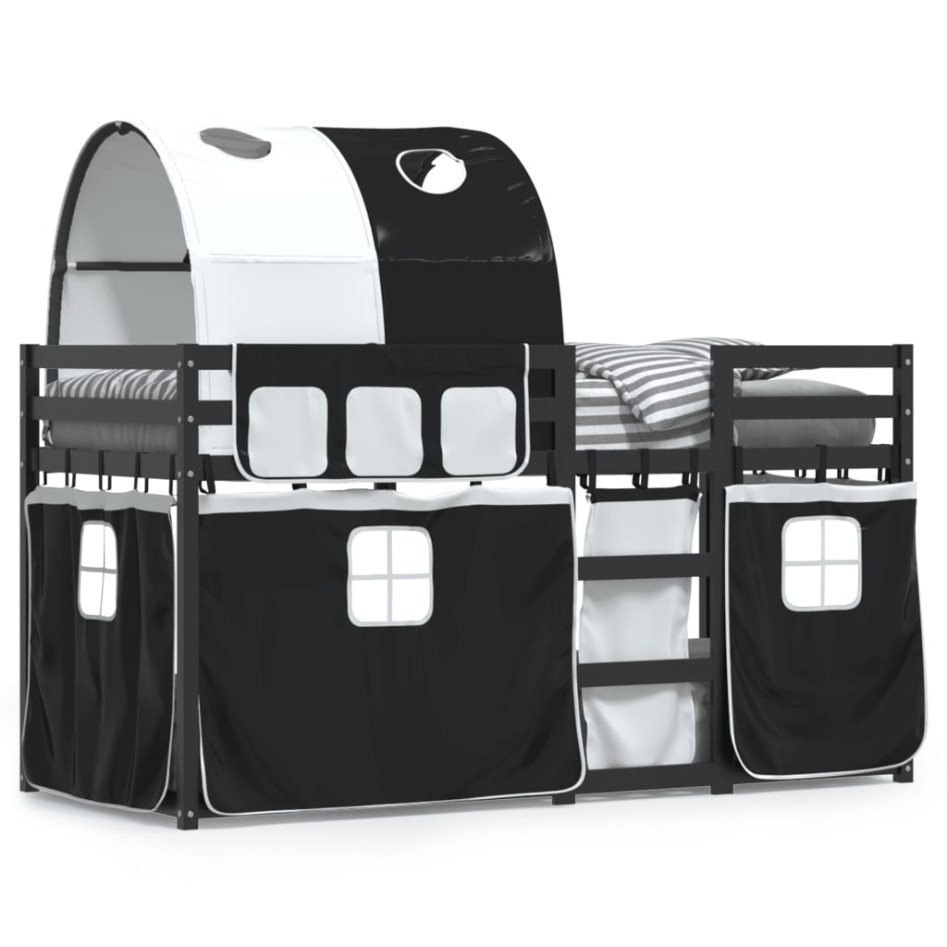 Litera con cortinas madera maciza pino blanco y negro 90x190