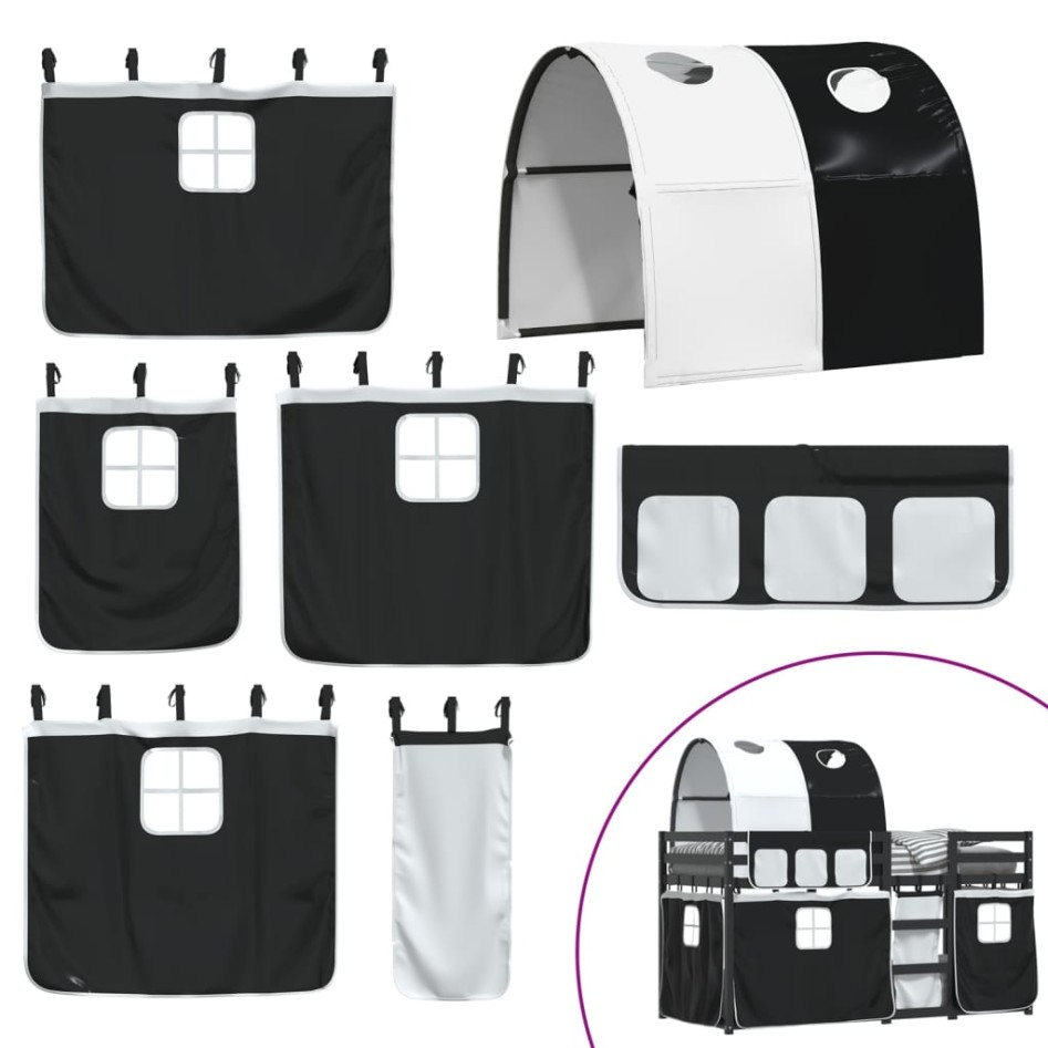 Litera con cortinas madera maciza pino blanco y negro 90x190