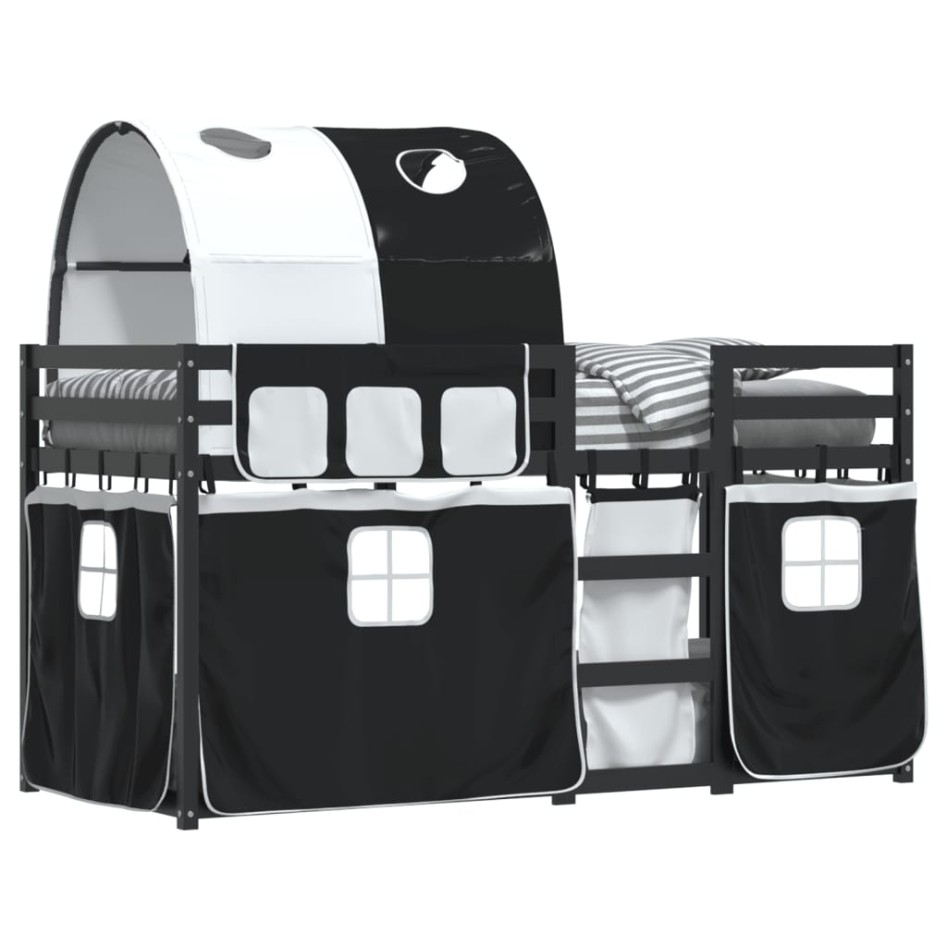 Litera con cortinas madera maciza pino blanco y negro 90x200